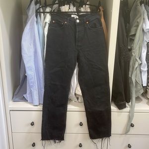 Redone straight leg cropped faded frayed black jeans